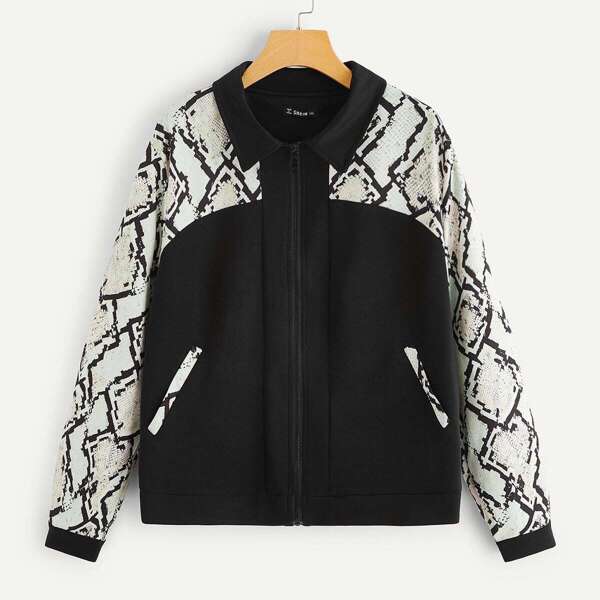 

Plus Zipper Up Cut-and-sew Snakeskin Jacket