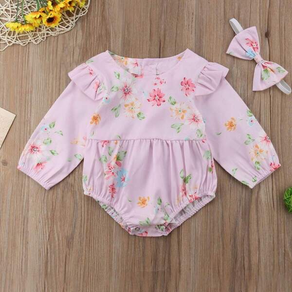 

Toddler Girls Frill Trim Floral Print Jumpsuit With Headband