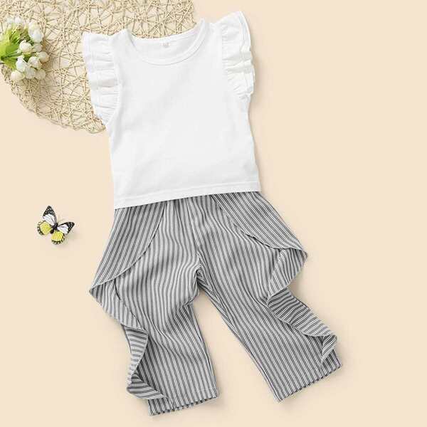 

Toddler Girls Frill Tank Tee With Ruffle Side Striped Pants, Multicolor