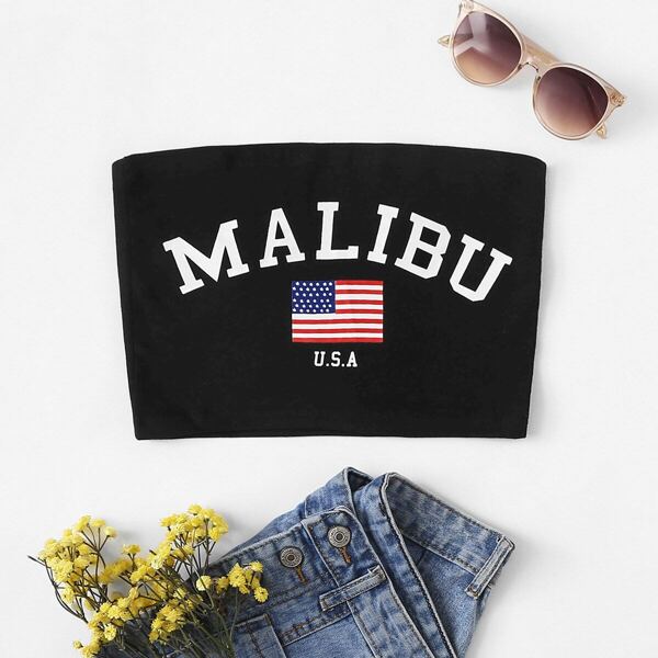 

Malibu Graphic Cropped Tube Top, Black