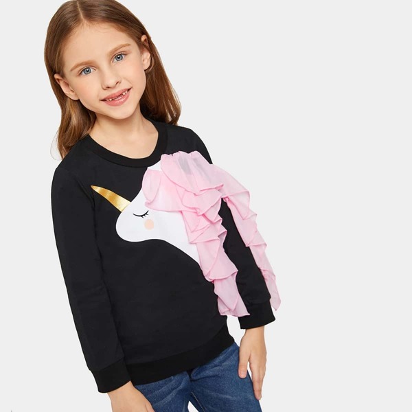 

Toddler Girls Contrast Mesh Ruffle Trim Unicorn Print Sweatshirt, Black