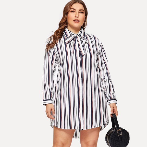 

Plus Single Breasted Striped Curved Hem Shirt Dress