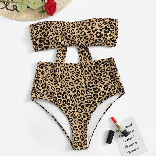 

Leopard Bandeau With High Waist Bikini Set