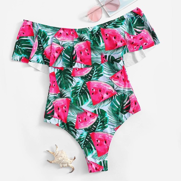 

Random Watermelon & Palm Off Shoulder One Piece Swimwear