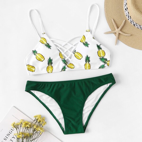 

Random Pineapple Print Lattice Mix & Match Bikini, Multicolor