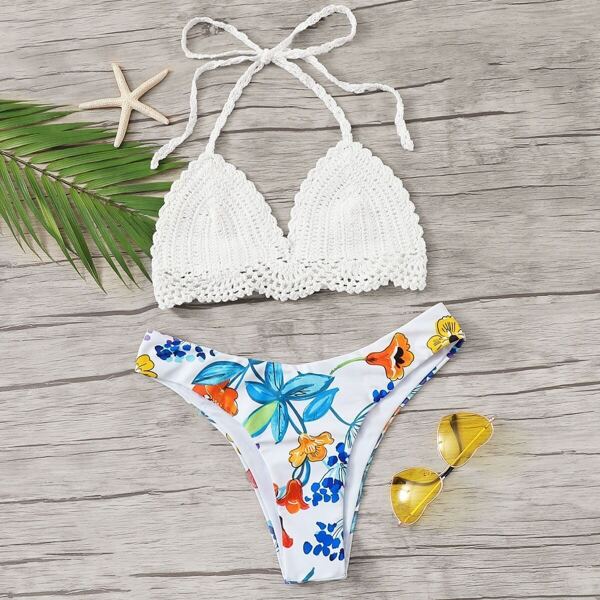 

Crochet Halter Top With Random Floral Bikini
