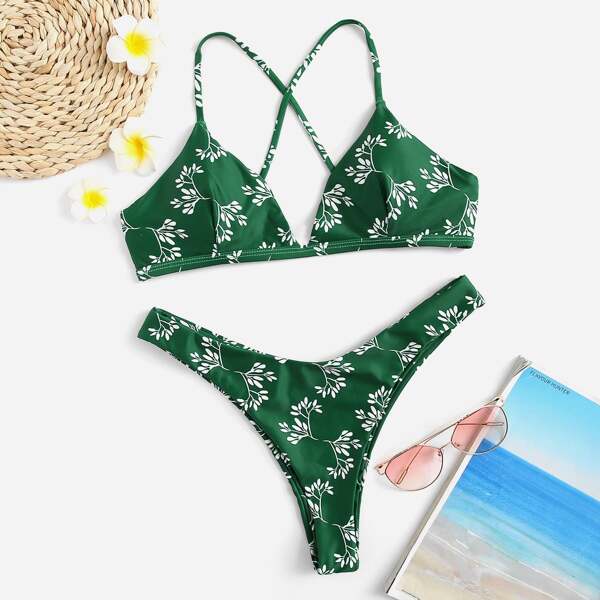 

Calico Print Cross Back Top With Cheeky Bikini