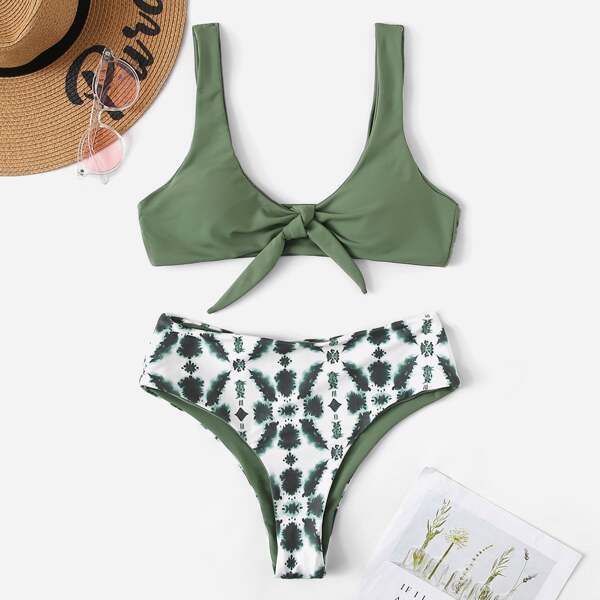 

Knot Front Top With High Waist Bikini Set