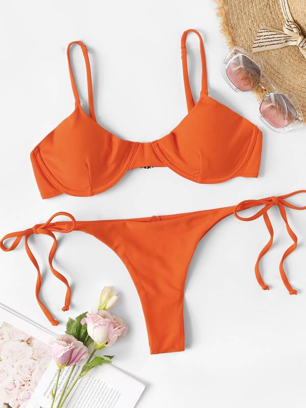 

Underwired Top With Tie Side Bikini Set, Orange