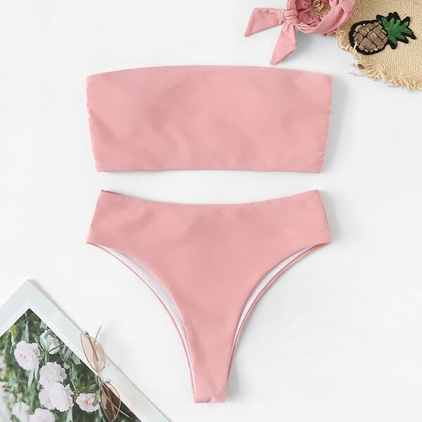 

Bandeau With High Waist Bikini Set, Pink pastel
