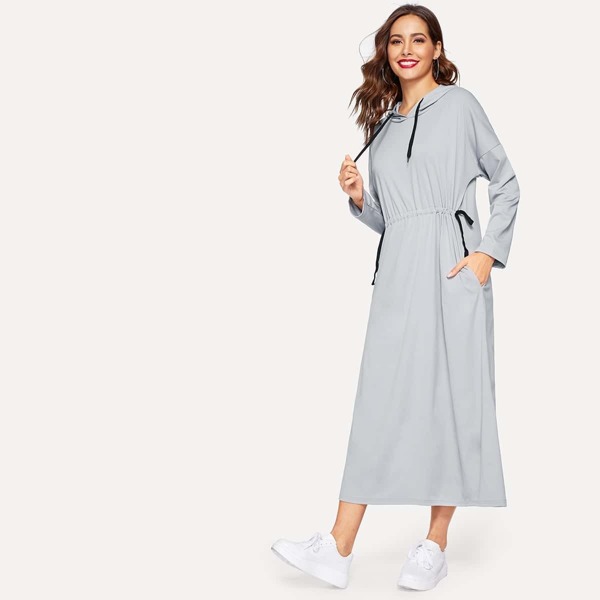 

Drawstring Waist Drop Shoulder Hooded Sweatshirt Dress, Grey