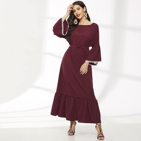 

Flounce Sleeve Ruffle Hem Waist Tie Dress, Burgundy