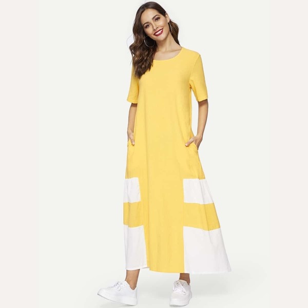 

Color Block Hidden Pocket Longline Dress, Yellow