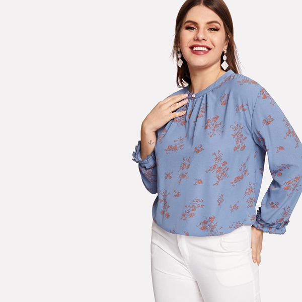 

Plus Floral Print Button Keyhole Front Blouse, Dusty blue