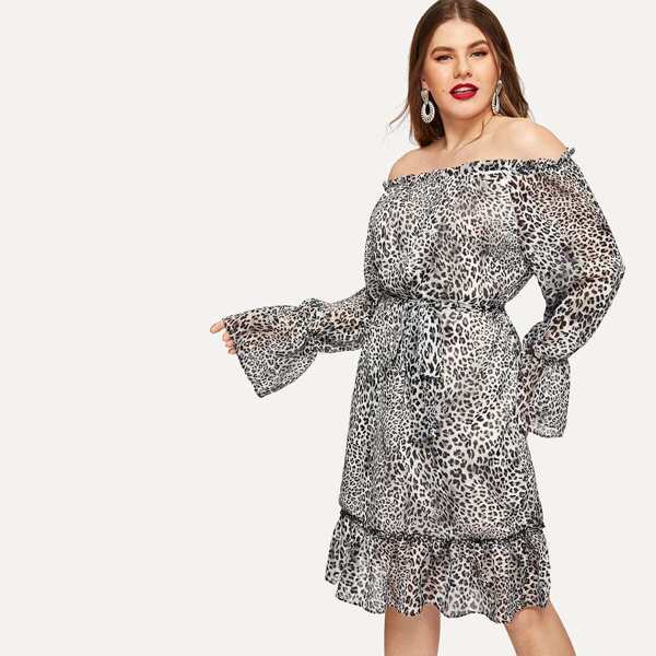

Plus Leopard Print Off The Shoulder Chiffon Dress