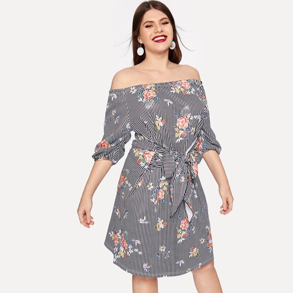 

Plus Floral Print Off Shoulder Dress