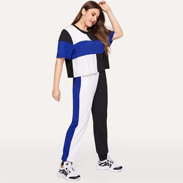 

Plus Cut And Sew Panel Tee With Pants, Multicolor