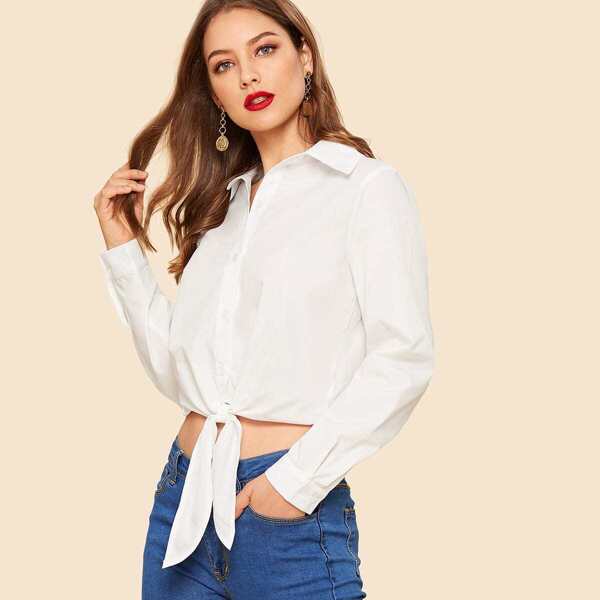 

80s Button Up Knot Hem Crop Shirt