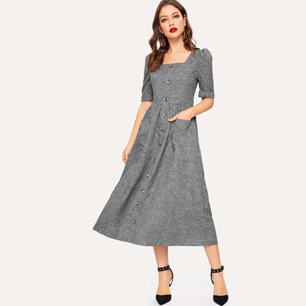 

Puff Sleeve Button Through A-line Dress, Grey
