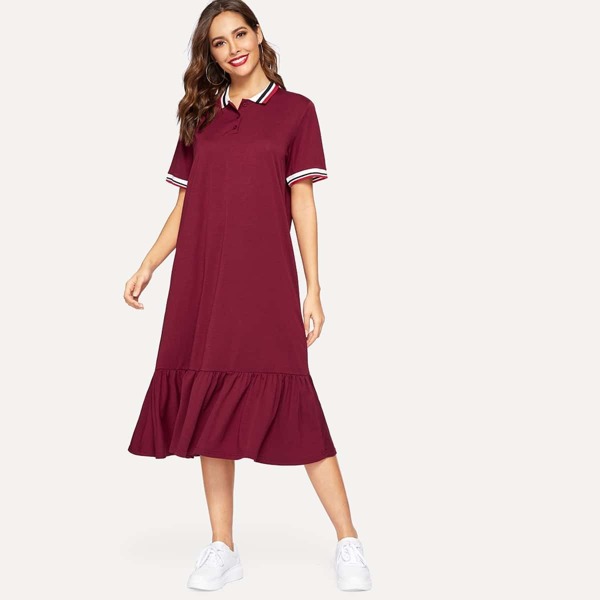 

Buttoned Striped Trim Ruffle Hem Dress, Burgundy