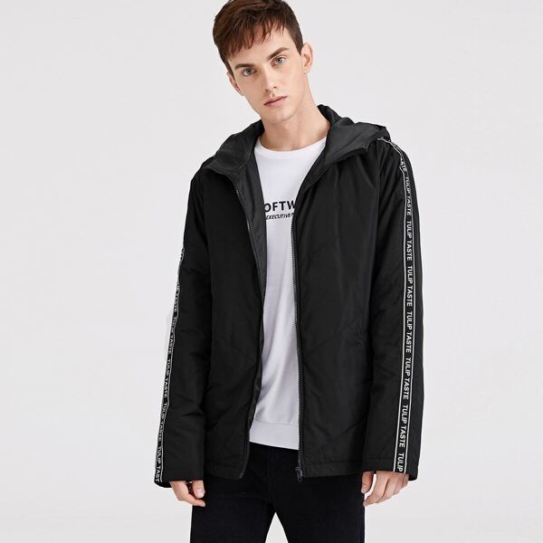 

Men Letter Tape Side Hooded Jacket, Black