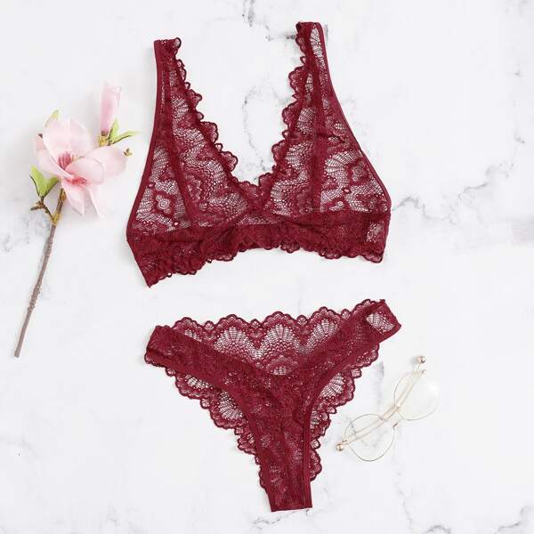 

Sheer Lace Lingerie Set, Burgundy