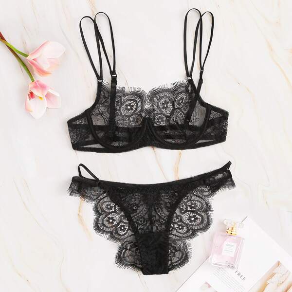 

Double Strap Eyelash Lace Underwire Lingerie Set
