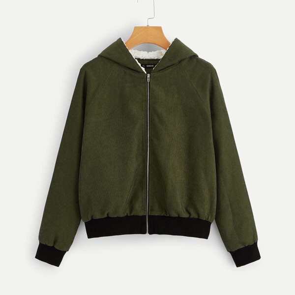 

Raglan Sleeve Corduroy Coat With Contrast Lined Hood