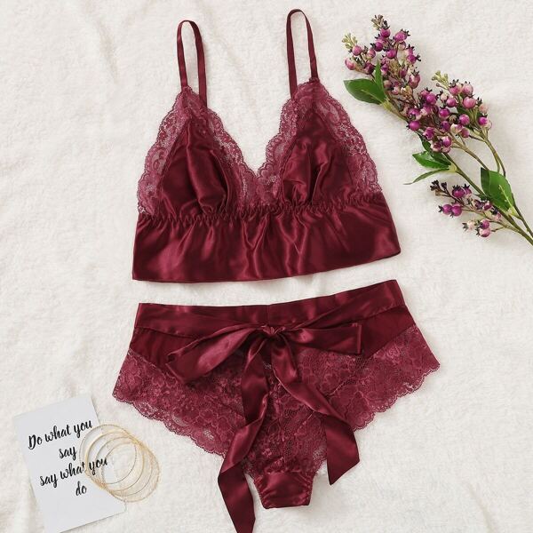 

Bow Tie Contrast Lace Lingerie Set, Burgundy