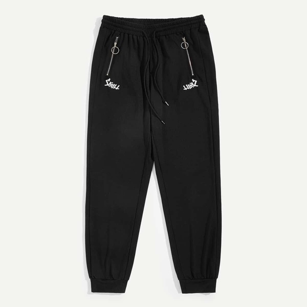 

Men O-ring Zip Detail Letter Embroidered Pants, Black