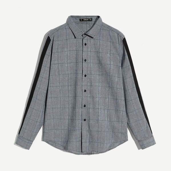 

Men Striped Tape Sleeve Glen Plaid Shirt