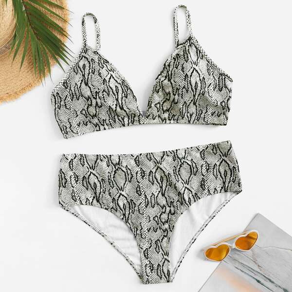 

Plus Snake Print High Waist Bikini Set, Multicolor