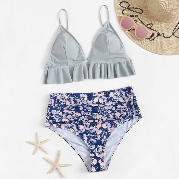 

Plus Ruffle Seam Top With Floral High Waist Bikini
