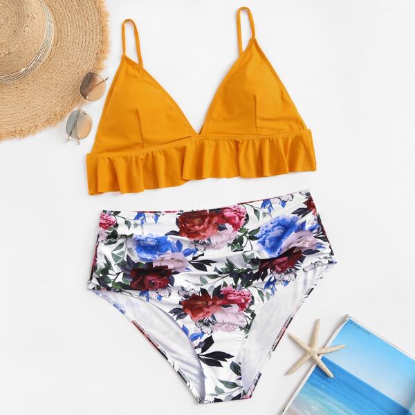 

Plus Ruffle Seam Top With Floral High Waist Bikini