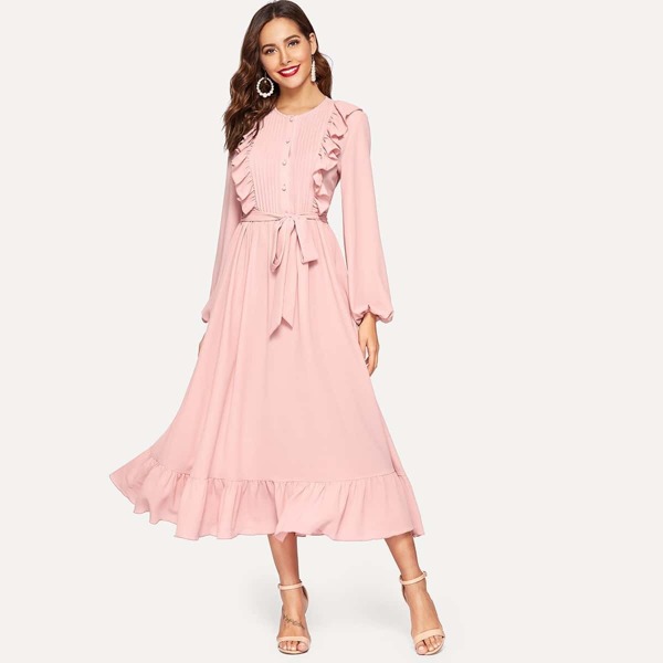 

Buttoned Ruffle Trim Pleated Belted Hijab Long Dress, Pink