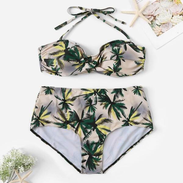 

Plus Tropical Ruched Halter Top With High Waist Bikini, Multicolor