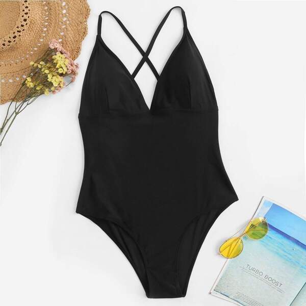 

Plus Criss Cross Seam One Piece Swimsuit, Black