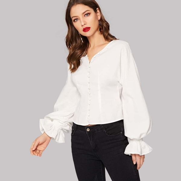 

Button Up Flounce Sleeve Blouse, White