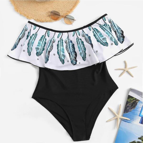 

Plus Feather Print Flounce Off Shoulder One Piece Swim, Multicolor