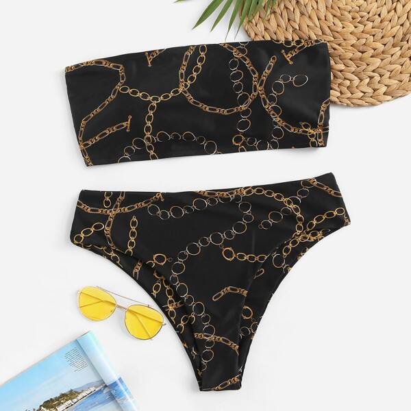 

Plus Chain Print Lace-up Bandeau With High Waist Bikini