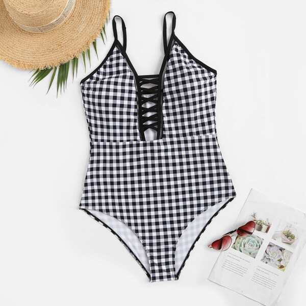 

Plus Gingham Criss Cross One Piece Swimsuit