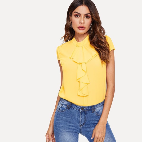 

Jabot Collar Cap Sleeve Solid Top