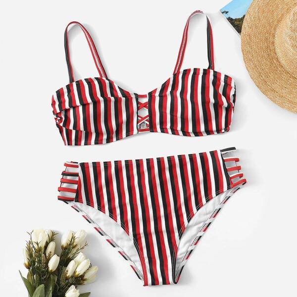 

Plus Striped Ruched Top With Ladder Cut-out Bikini