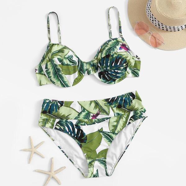 

Plus Leaf Print Underwire Top With High Waisted Bikini, Green