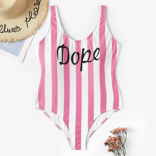 

Plus Striped & Letter Print One Piece Swim, Pink