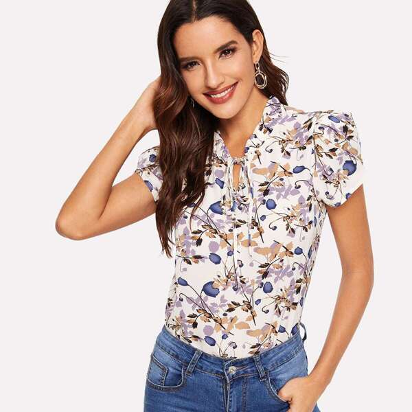 

Tie Neck Petal Sleeve Frill Floral Top, Multicolor