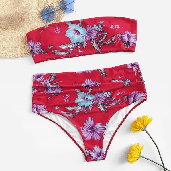 

Plus Tropical Bandeau With Ruched High Waist Bikini