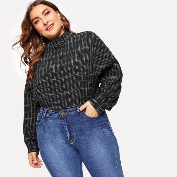 

Plus Mock Neck Drop Shoulder Plaid Blouse