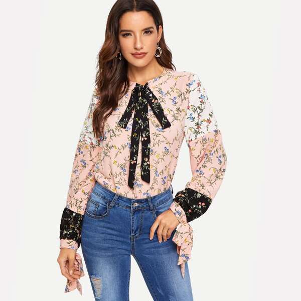 

Tie Neck Colorblock Knot Cuff Allover Floral Print Top