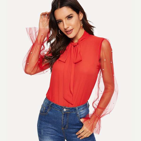 

Tie Neck Pearls Beaded Mesh Sleeve Blouse